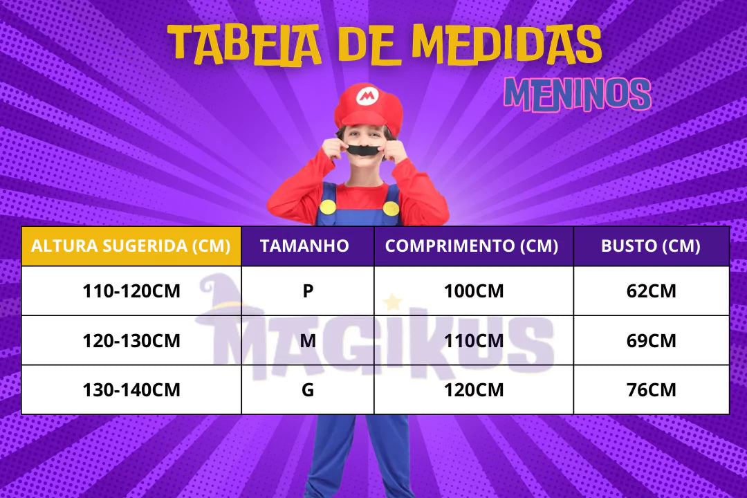 tabela de medidas Fantasia Infantil Super Mario Bros