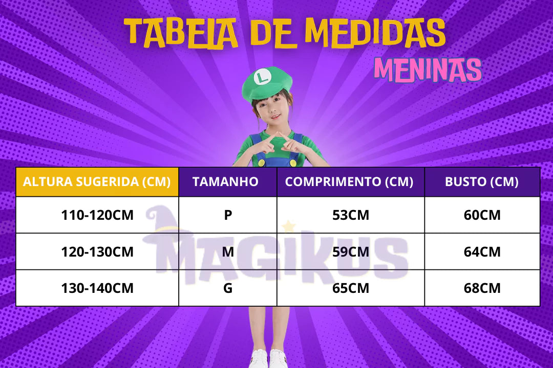 tabela de medidas Fantasia Infantil Super Mario Bros