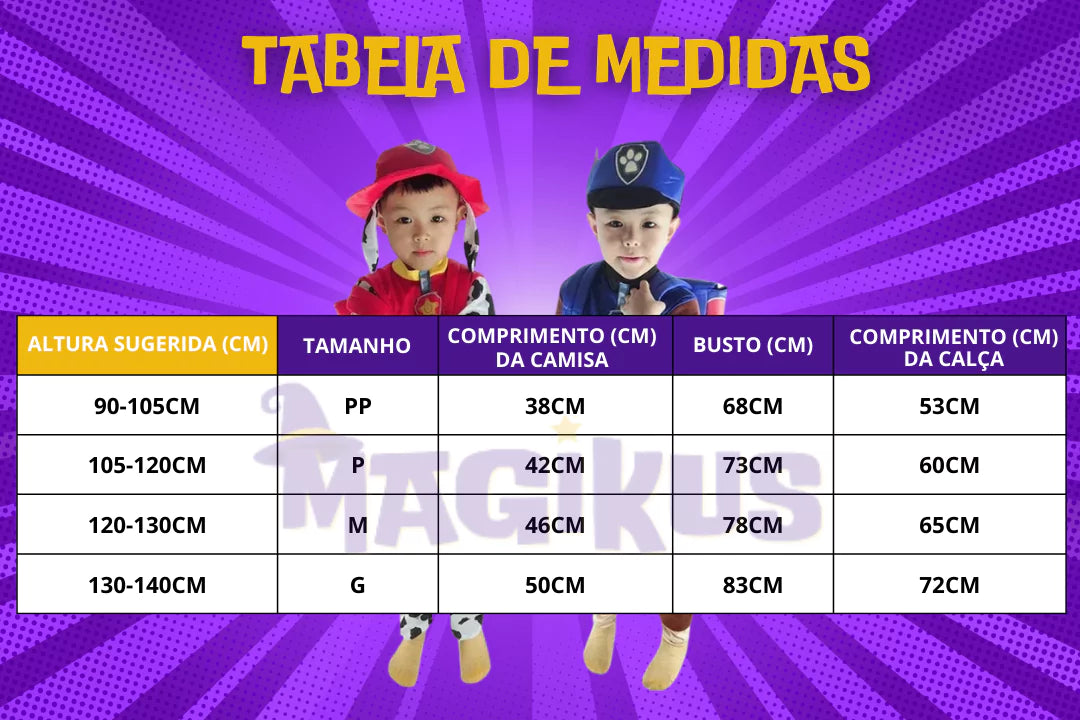 tabela de medidas Fantasia Infantil Patrulha Canina