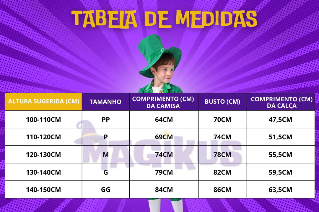 tabela de medidas Fantasia Infantil Duende Irlandês Leprechaun