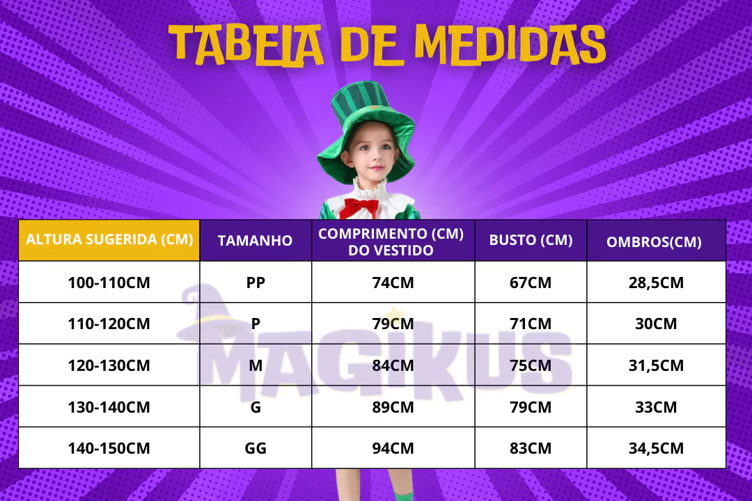 tabela de medidas Fantasia Infantil Duende Irlandês Leprechaun