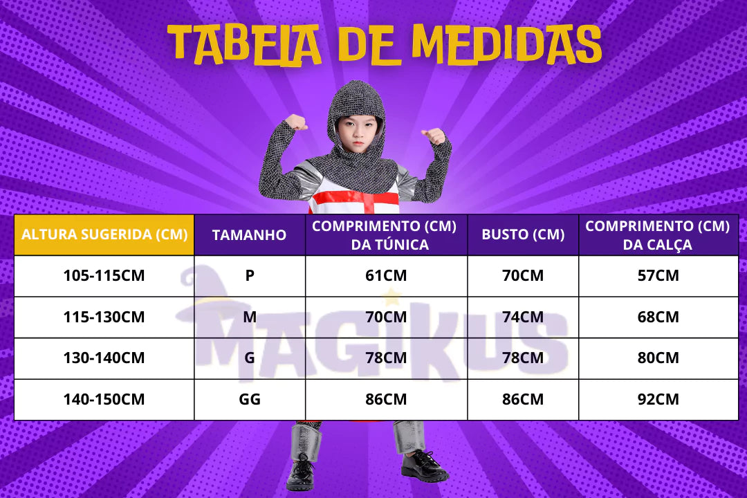 tabela de medidas Fantasia Infantil Cavaleiro Templário Medieval
