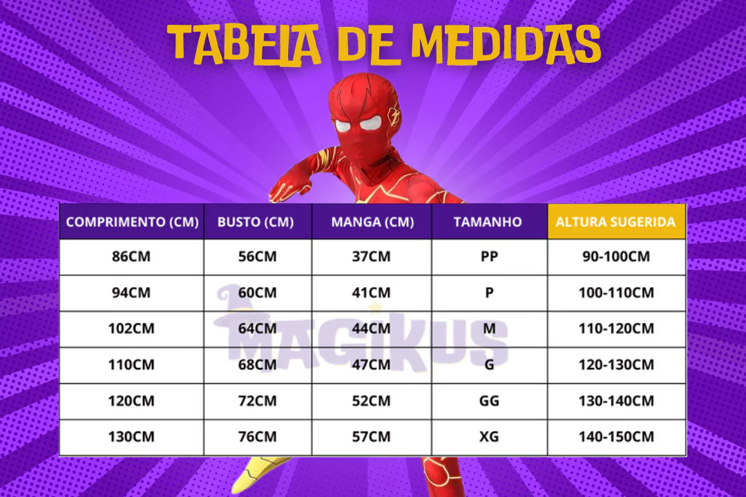 tabela de medidas Fantasia Infantil The Flash