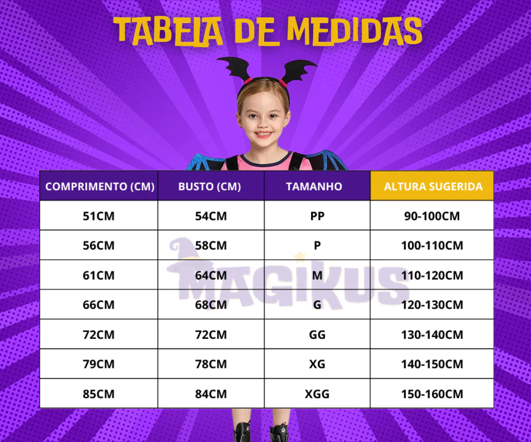 tabela de medidas Fantasia Infantil Vampirina