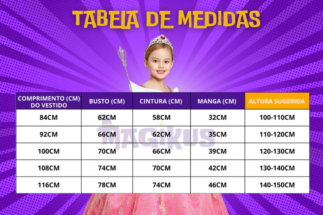 tabela de medidas Fantasia Infantil Bela Adormecida