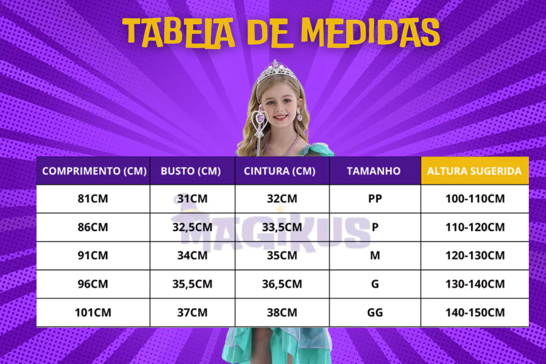 tabela de medidas Fantasia Infantil Pequena Sereia