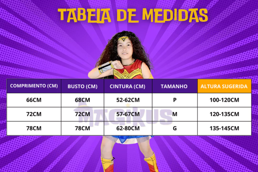 tabela de medidas Fantasia Infantil Mulher Maravilha