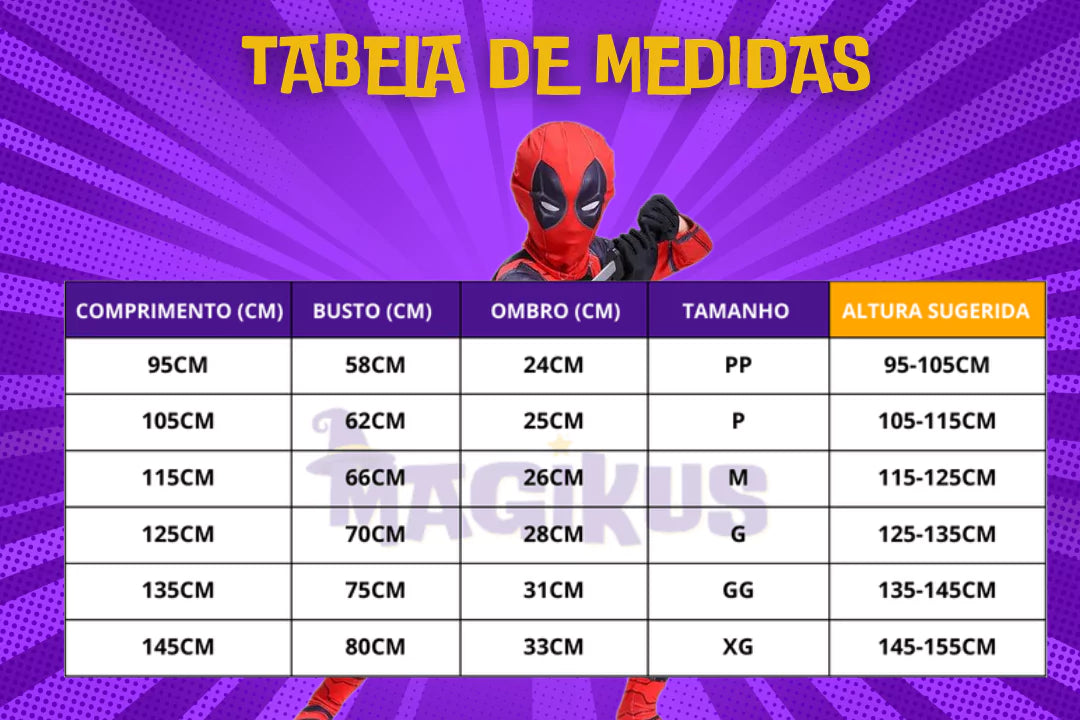 tabela de medidas Fantasia Infantil Marvel Deadpool