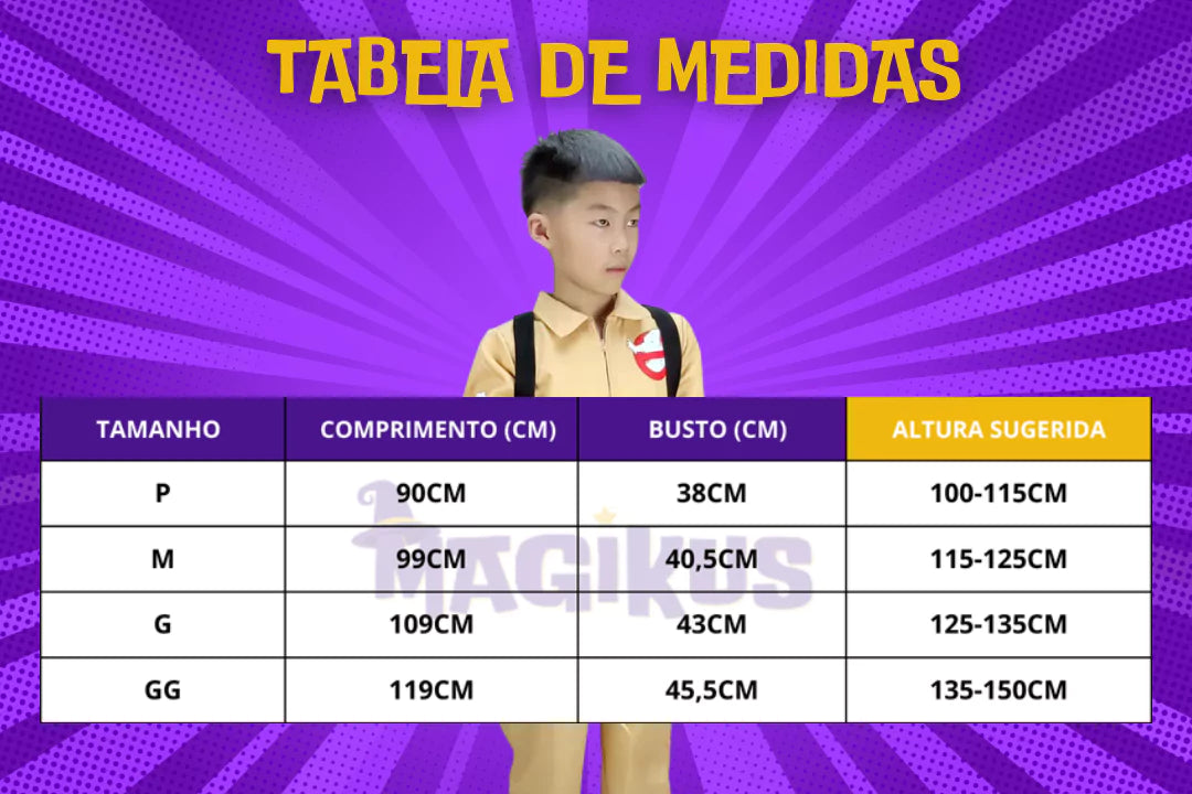 tabela de medidas Fantasia Infantil Caça Fantasmas