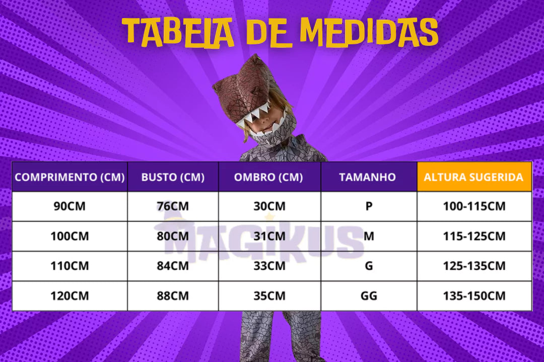 tabela de medidas Fantasia Infantil Dinossauro Espinossauro