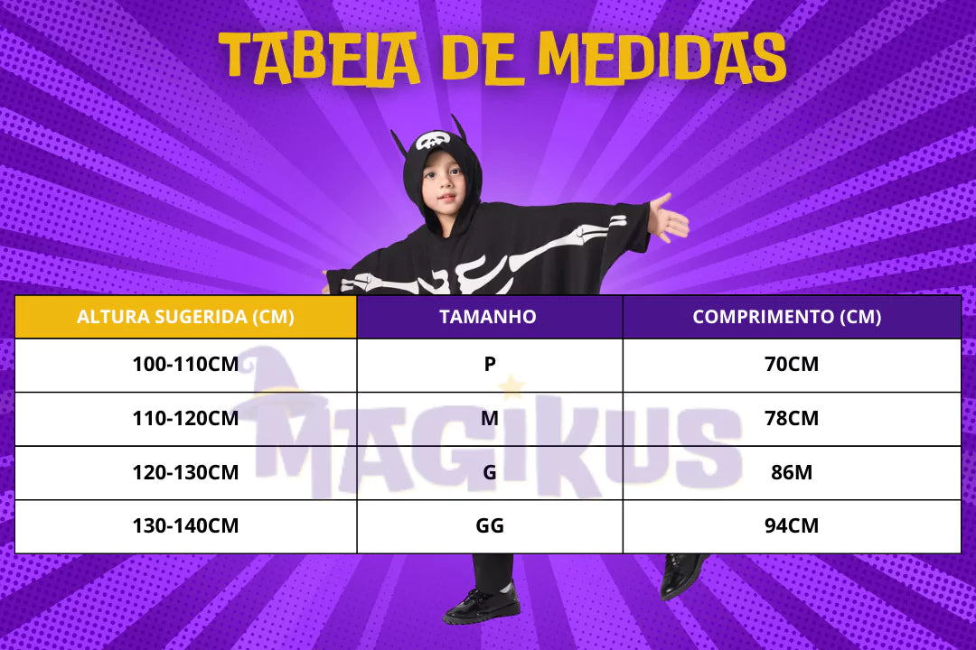 tabela de medidas Fantasia Infantil de Halloween Morcego Bilha no Escuro