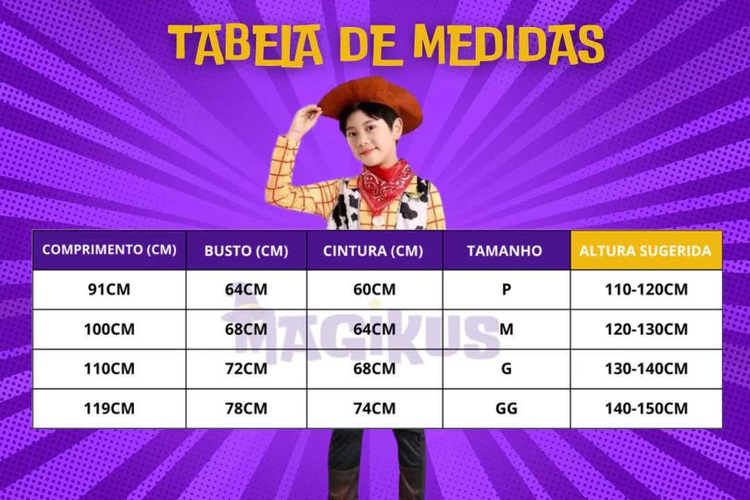 tabela de medidas Fantasia Infantil Toy Story Woody