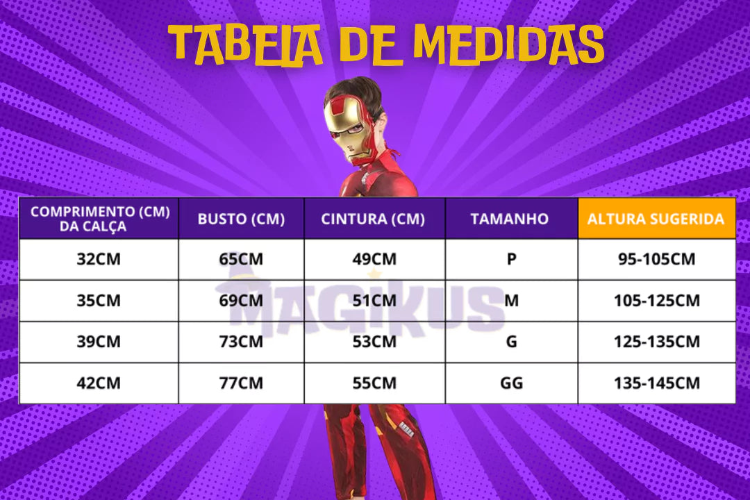 tabela de medidas Fantasia Infantil Marvel Homem de Ferro