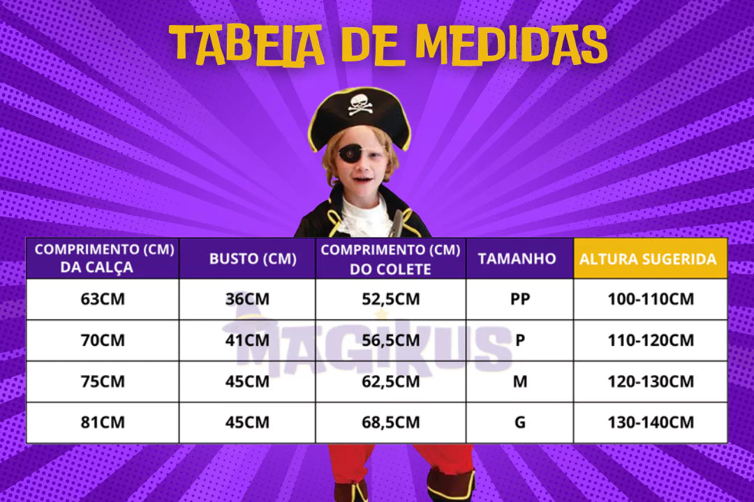 tabela de medidas Fantasia Infantil Pirata