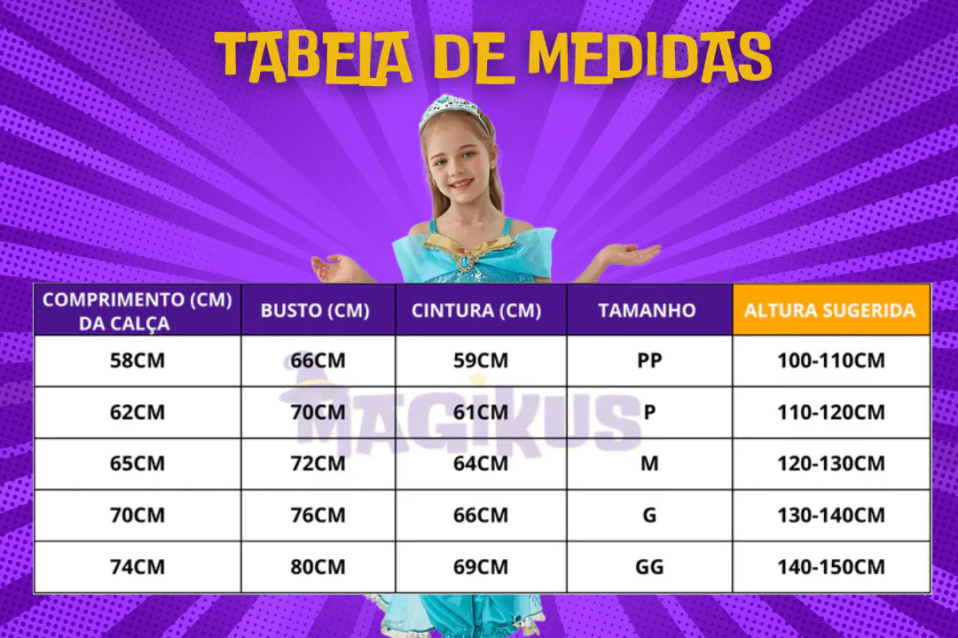 tabela de medidas Fantasia Infantil Princesa Jasmine