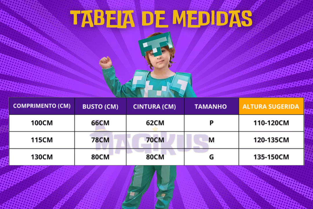 tabela de medidas Fantasia Infantil Minecraft