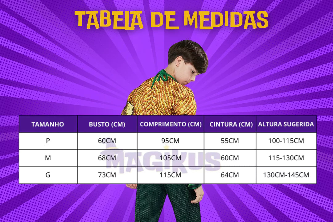 tabela de medidas Fantasia Infantil Aquaman
