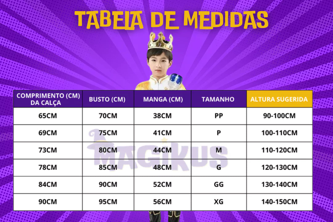 tabela de medidas Fantasia Infantil Príncipe Encantado