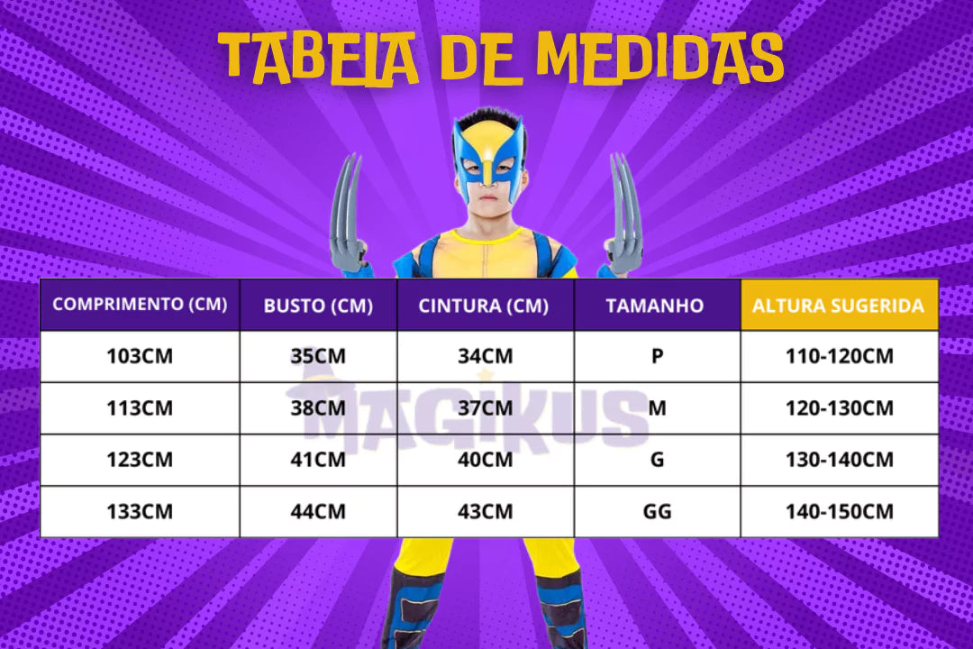 tabela de medidas Fantasia Infantil Wolverine X-Men