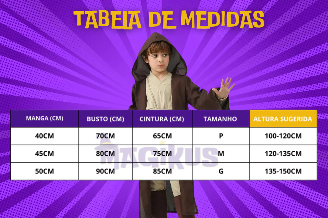 tabela de medidas Fantasia Infantil Star Wars Cavaleiro Jedi