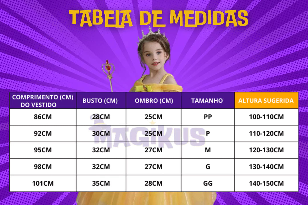 tabela de medidas Fantasia Infantil Disney Princesa Bela