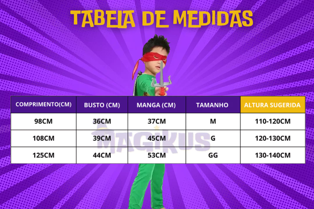 tabela de medidas Fantasia Infantil Tartarugas Ninja