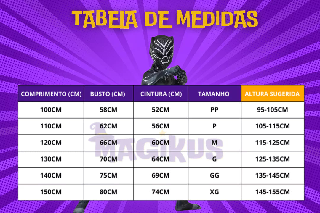 tabela de medidas Fantasia Infantil Pantera Negra