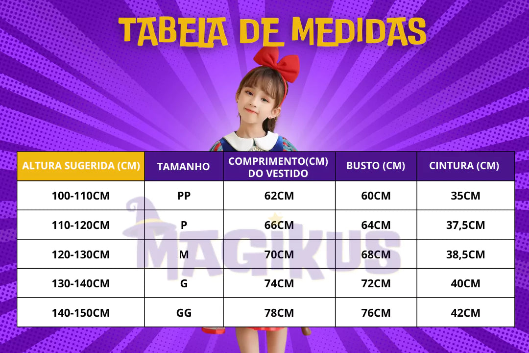 tabela de medidas Fantasia Infantil Branca de Neve