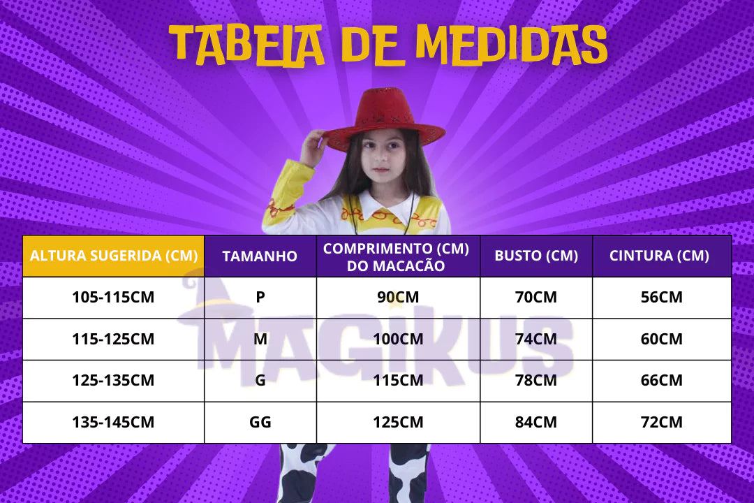 tabela de medidas Fantasia Infantil Toy Story Jessie