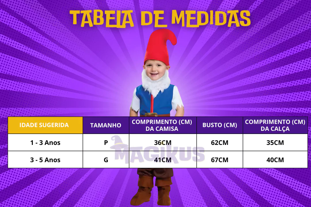 tabela de medidas Fantasia Infantil Gnomo