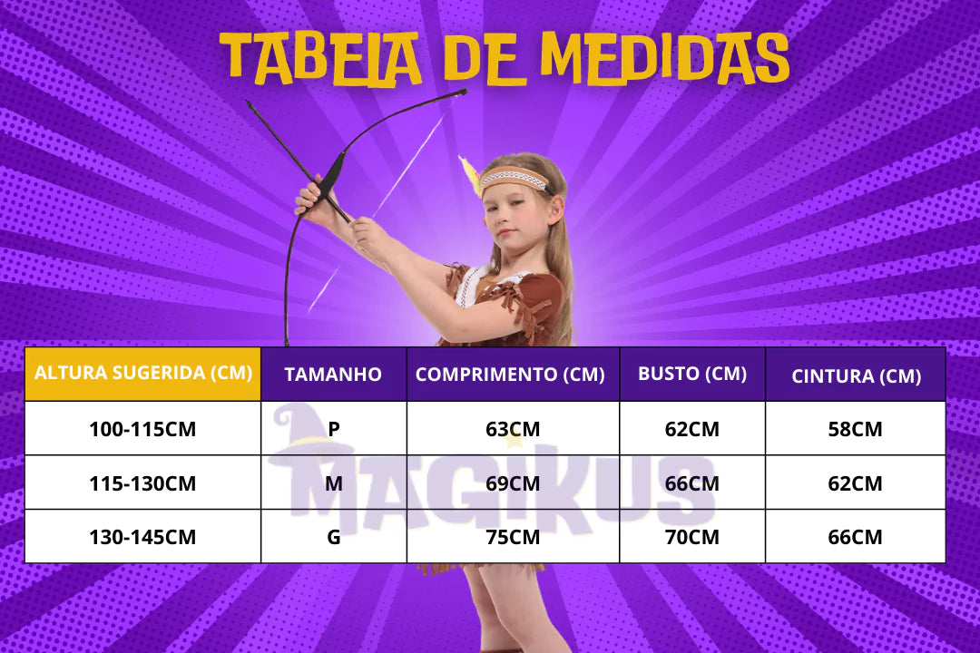 tabela de medidas Fantasia Infantil Feminina Indígena