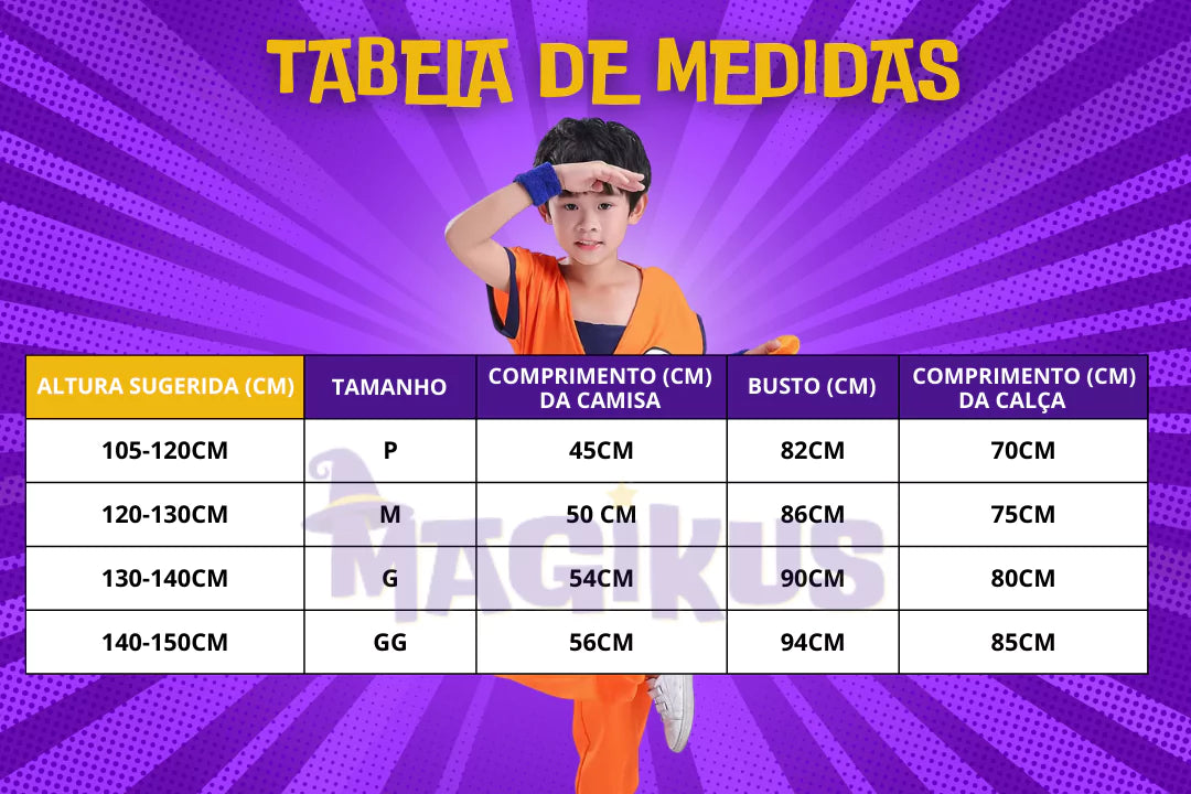 tabela de medidas Fantasia Infantil DragonBall Z Goku