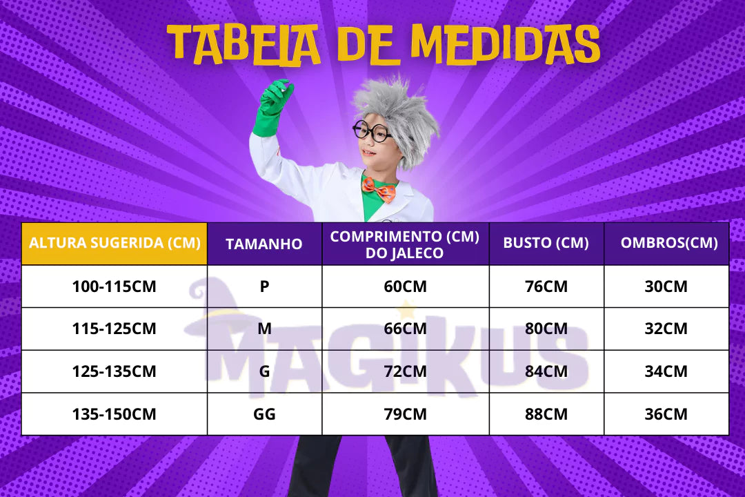 tabela de medidas Fantasia Infantil Cientista Maluco