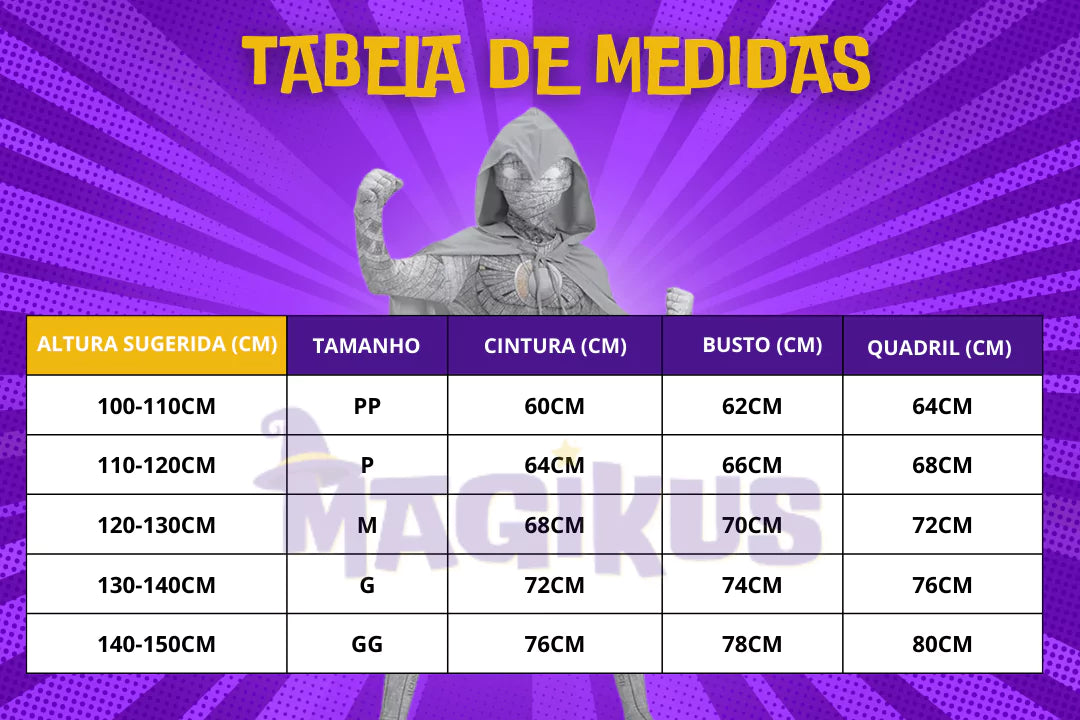 tabela de medidas Fantasia Infantil Marvel Cavaleiro da Lua