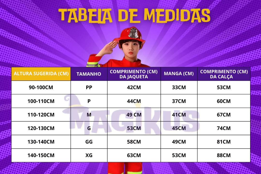 tabela de medidas Fantasia Infantil Bombeiros