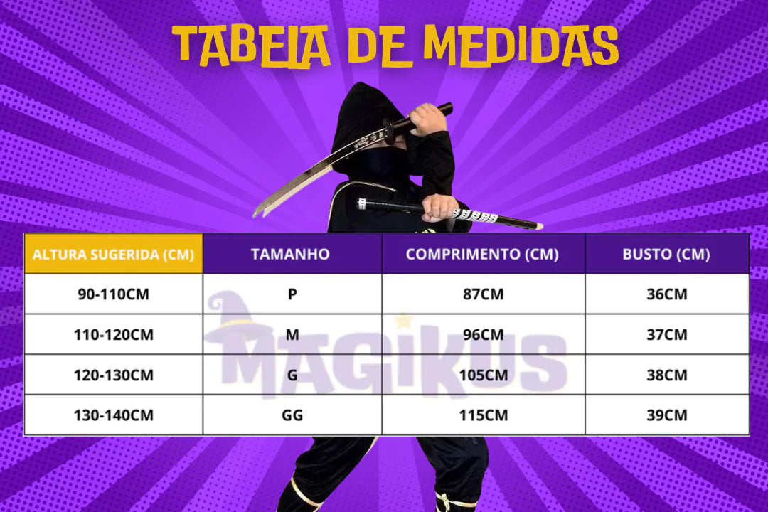 tabela de medidas Fantasia Infantil Ninja