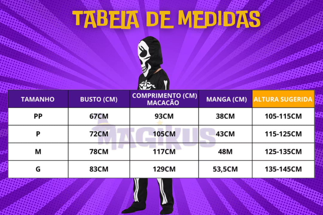 tabela de medidas Fantasia Infantil Esqueleto Brilha no Escuro Halloween