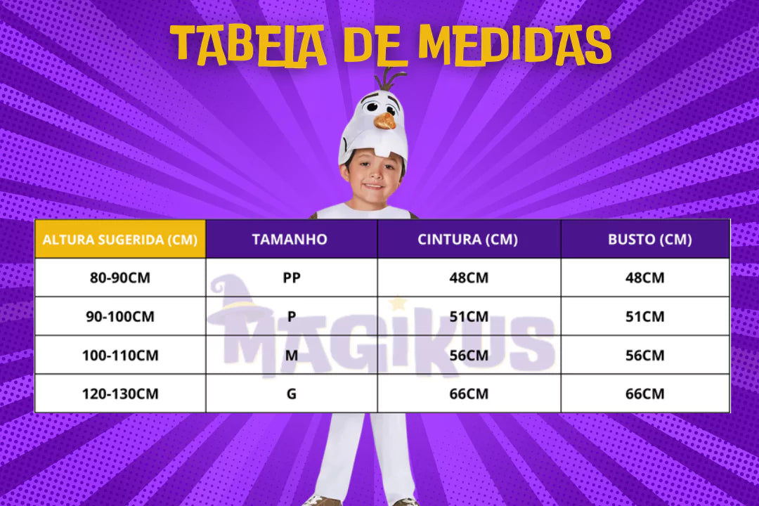 tabela de medidas Fantasia Infantil Olaf Frozen