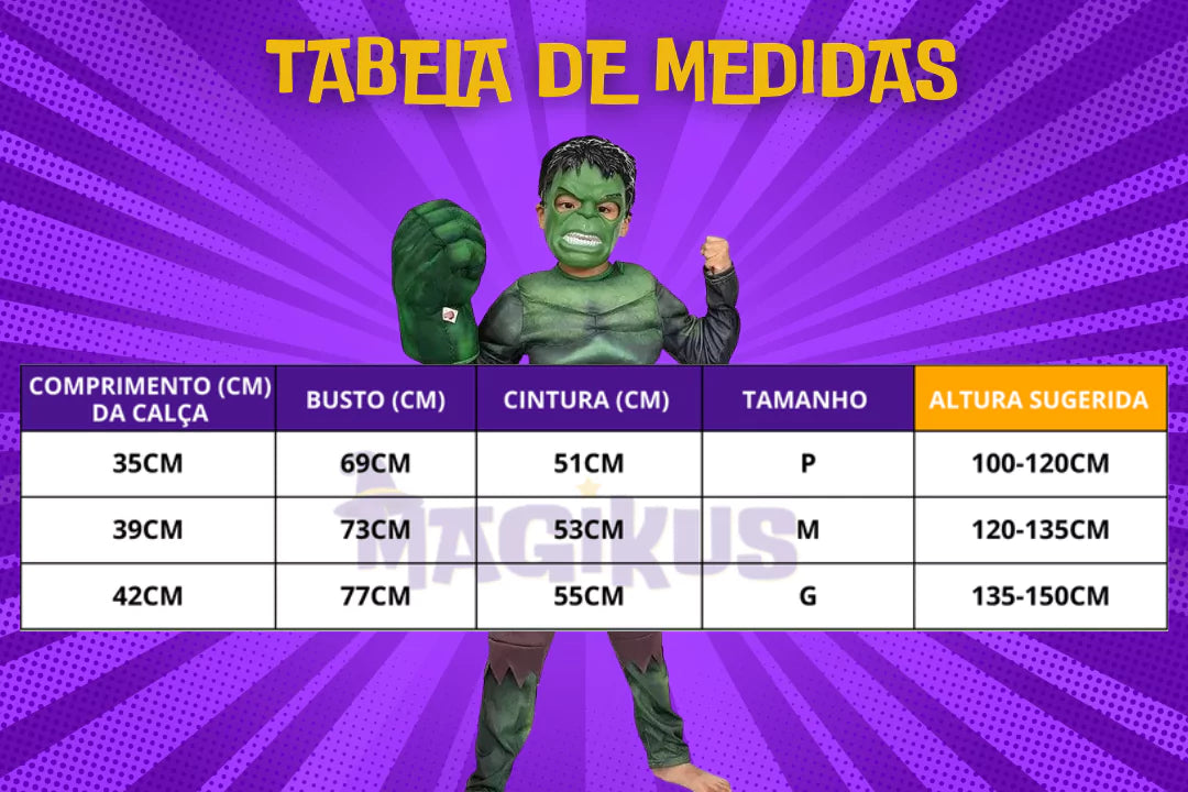 tabela de medidas Fantasia Infantil Incrível Hulk