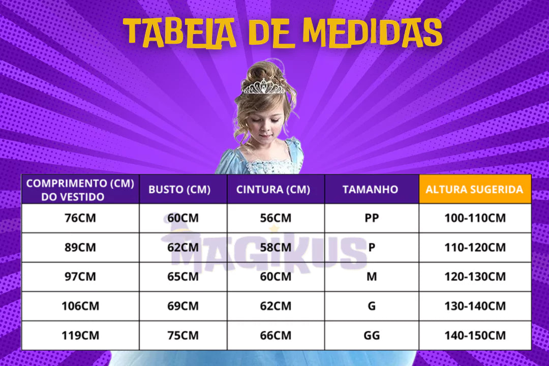 tabela de medidas Fantasia Infantil Disney Cinderela