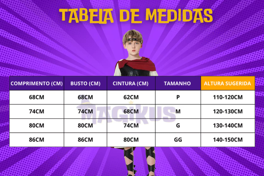 tabela de medidas Fantasia Infantil Gladiador Espartano