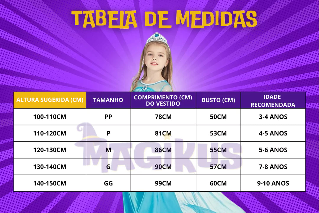 Tabela de medidas Fantasia Infantil Elsa Frozen