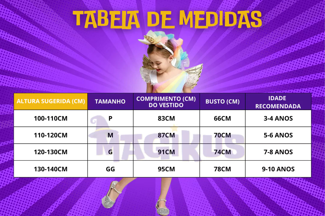 tabela de medidas Fantasia Infantil UniUnicórnio