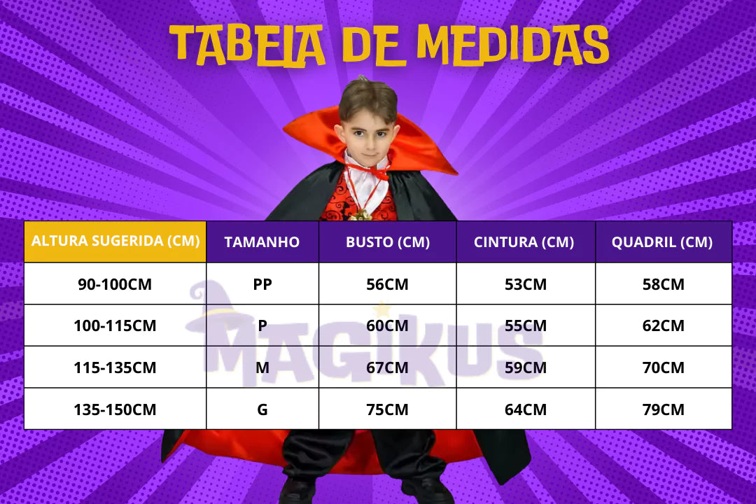 Tabela de medidas Fantasia Infantil Vampiro Conde Drácula