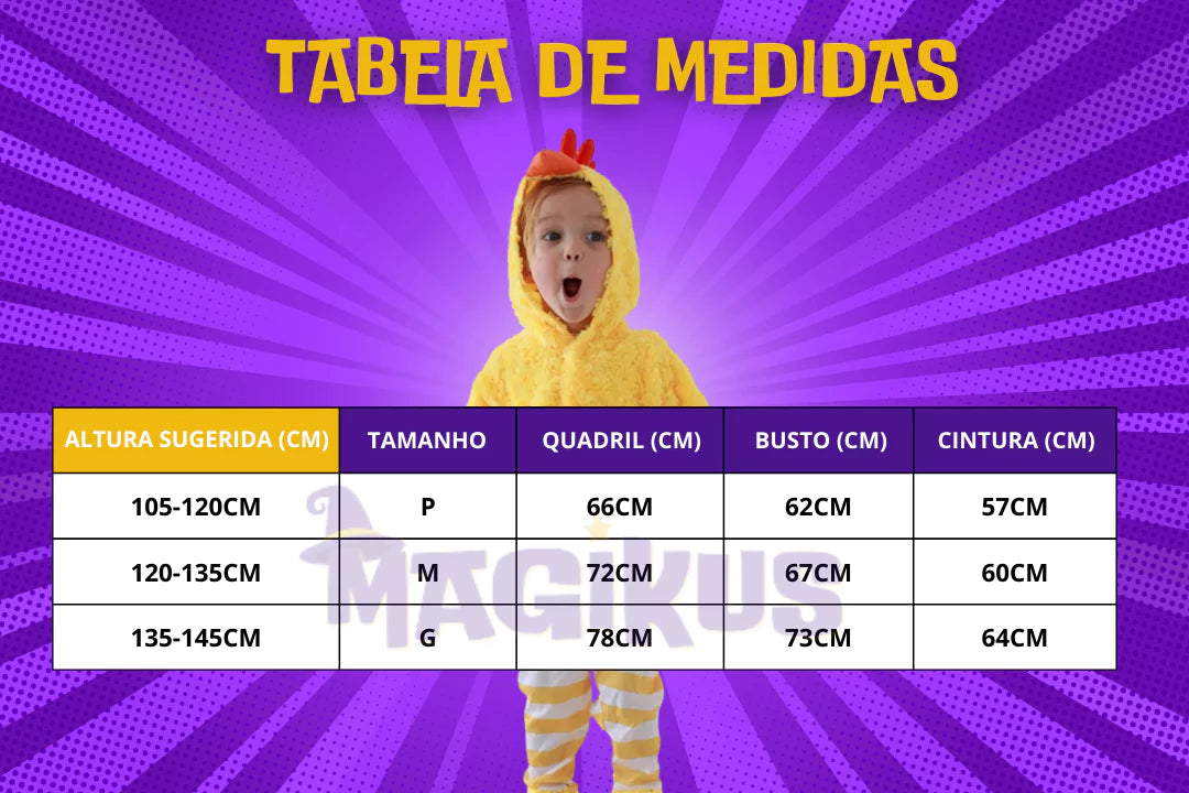tabela de medidas Fantasia Infantil Pintinho Amarelinho
