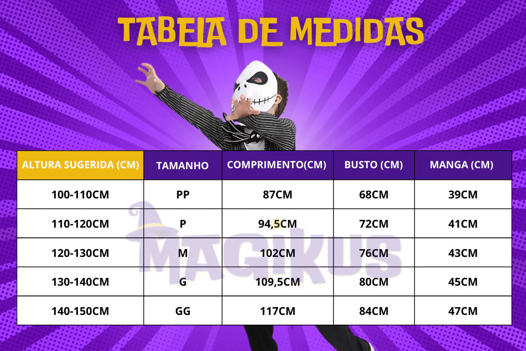 tabela de medidas Fantasia Infantil Jack Skellington