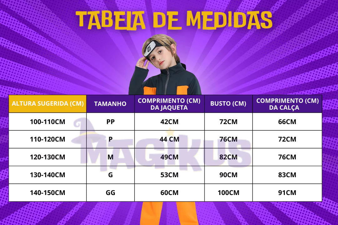 tabela de medidas Fantasia Infantil Naruto Uzumaki