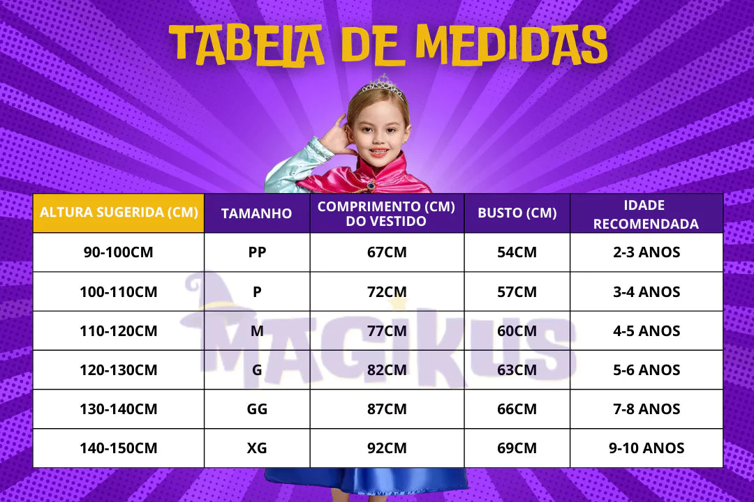 tabela de medidas Fantasia Infantil Princesa Anna Frozen